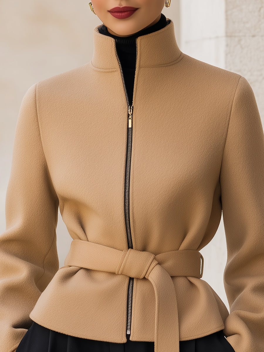 Wool-Blend Belted Zipper Short Coat MollyBoo