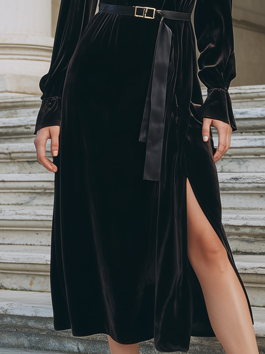 Black Velvet Wrap Dress With Belt MollyBoo