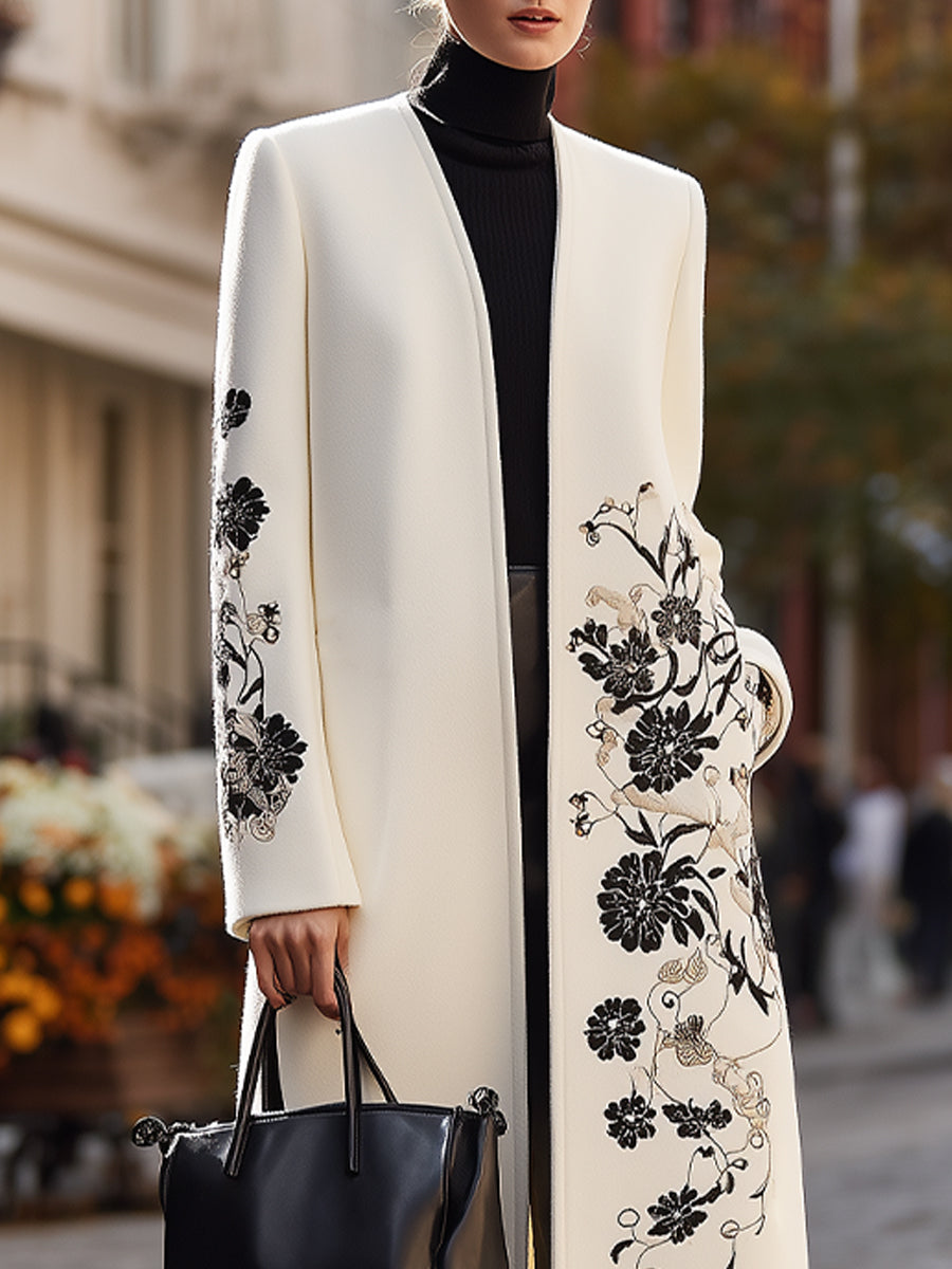 Ivory Longline Coat With Black Floral Embroidery MollyBoo