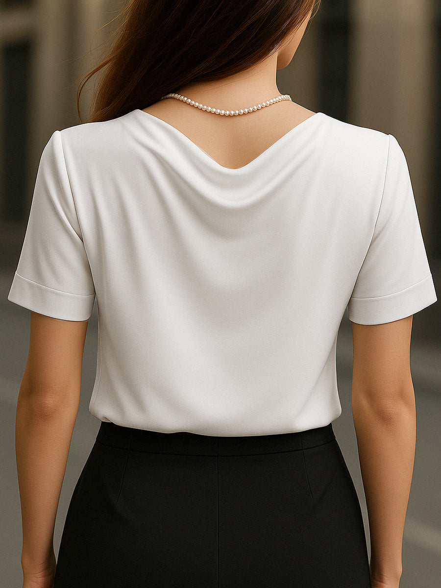 Elegant Plain Short-Sleeve Blouse with Draped Neckline MollyBoo