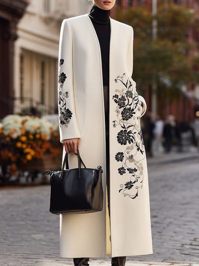 Ivory Longline Coat With Black Floral Embroidery MollyBoo