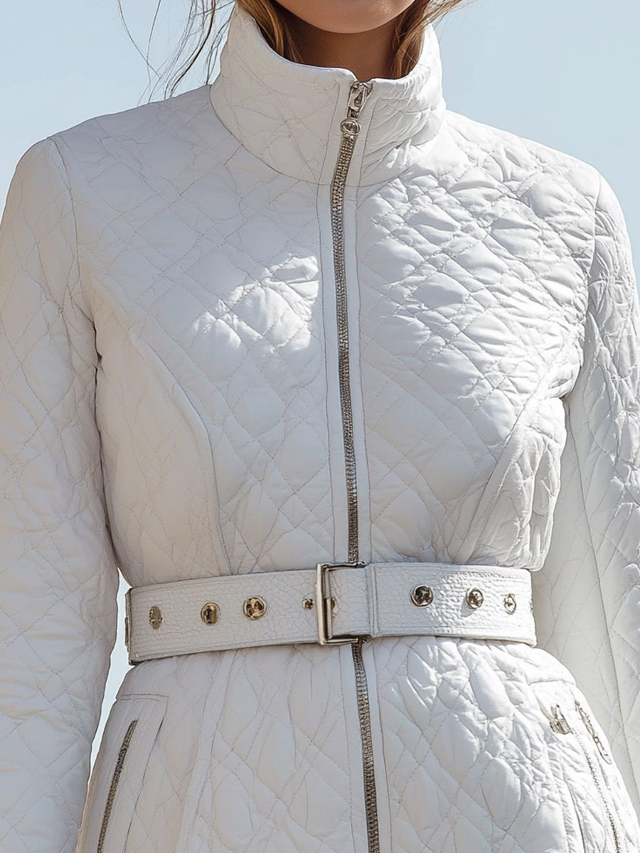 White Quilted Belted Jacket With High Collar MollyBoo