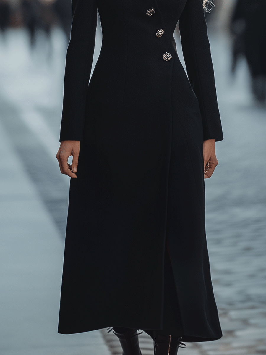 Black Longline Coat With Faux Fur Collar And Crystal Button Detailing MollyBoo