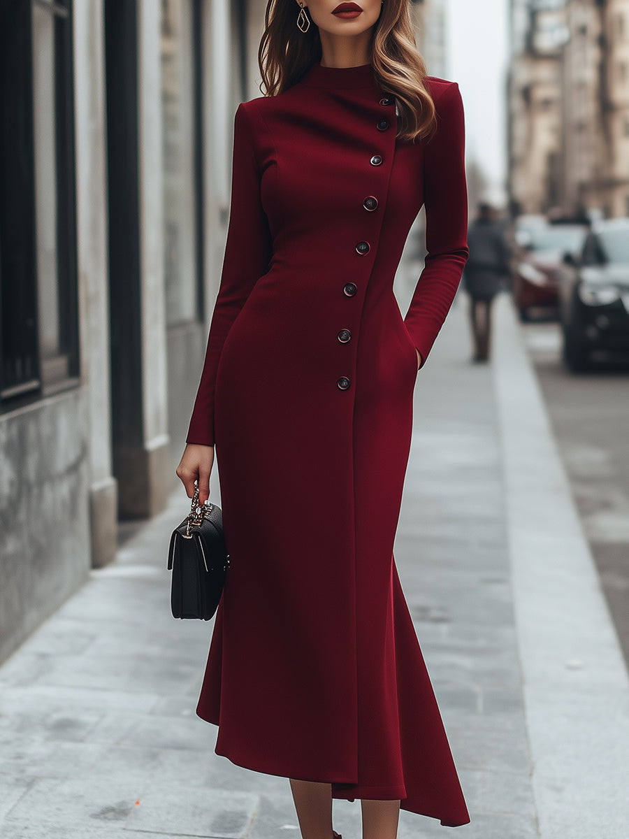 Burgundy Asymmetric Buttoned Long-Sleeve Dress MollyBoo