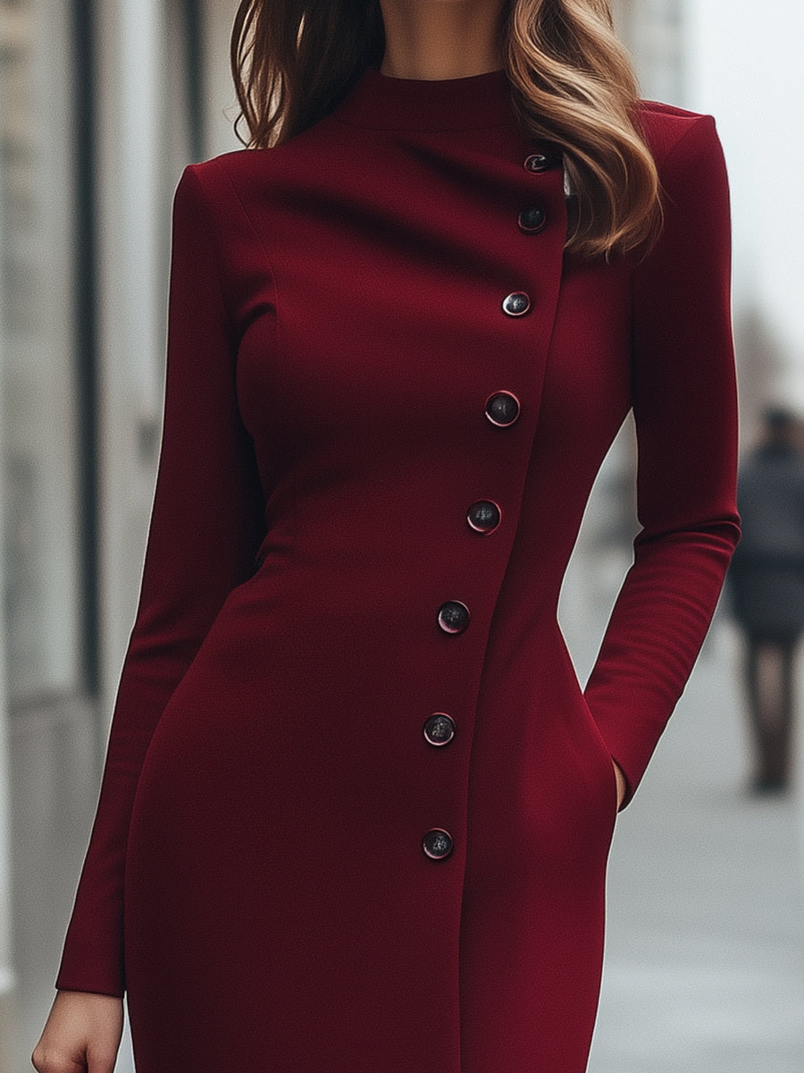 Burgundy Asymmetric Buttoned Long-Sleeve Dress MollyBoo