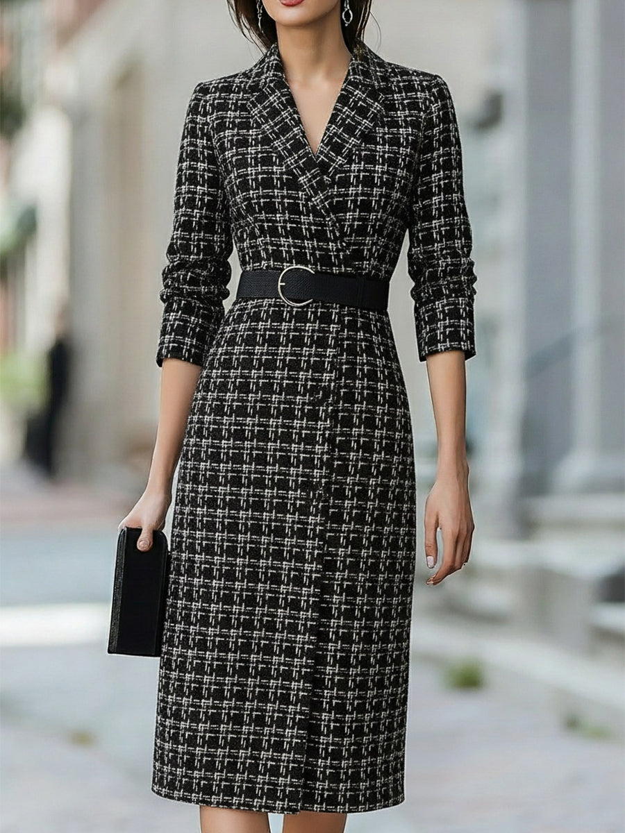 Chic Plaid Belted Tweed Midi Dress MollyBoo