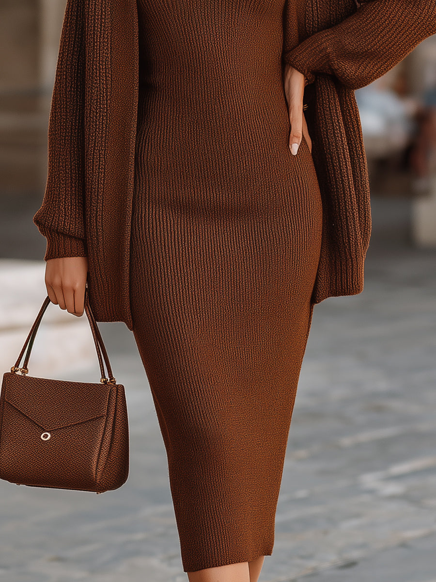 Chic Brown Knit Cardigan And Slip Dress Set MollyBoo