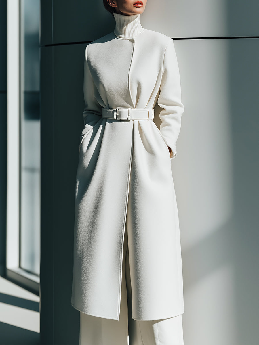 White Belted Minimalist Wool Coat MollyBoo