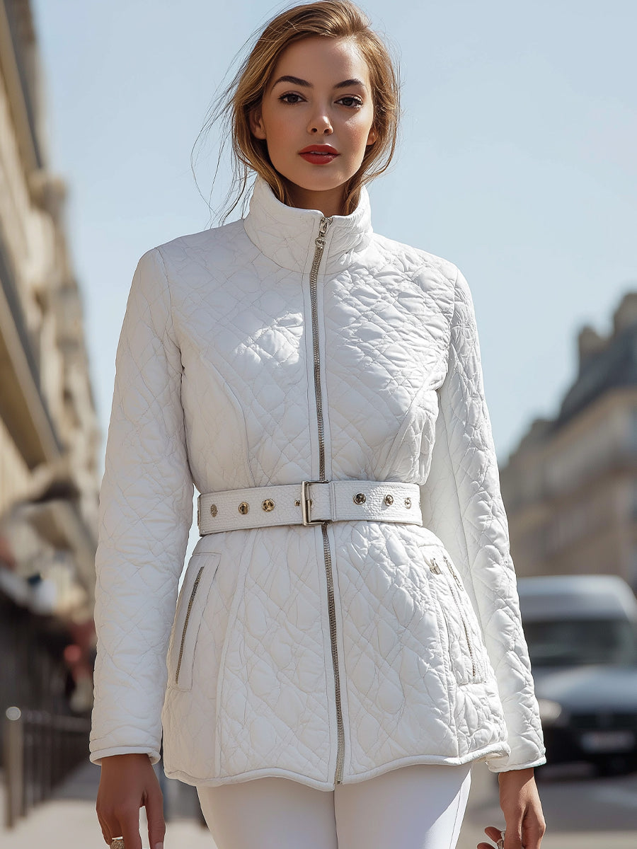 White Quilted Belted Jacket With High Collar MollyBoo