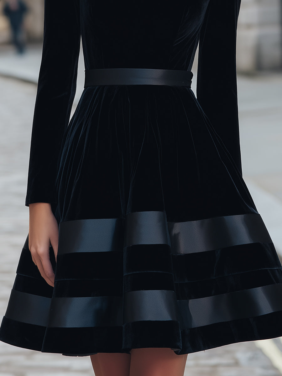 Black Velvet Fit-and-Flare Dress With Satin Stripes MollyBoo