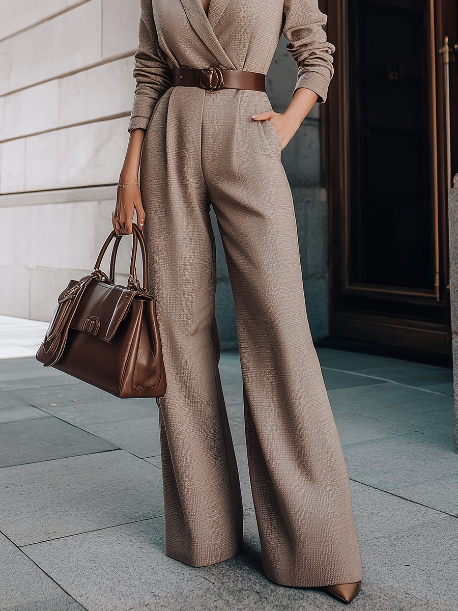 Taupe Belted Blazer Jumpsuit With Wide-Leg Silhouette MollyBoo