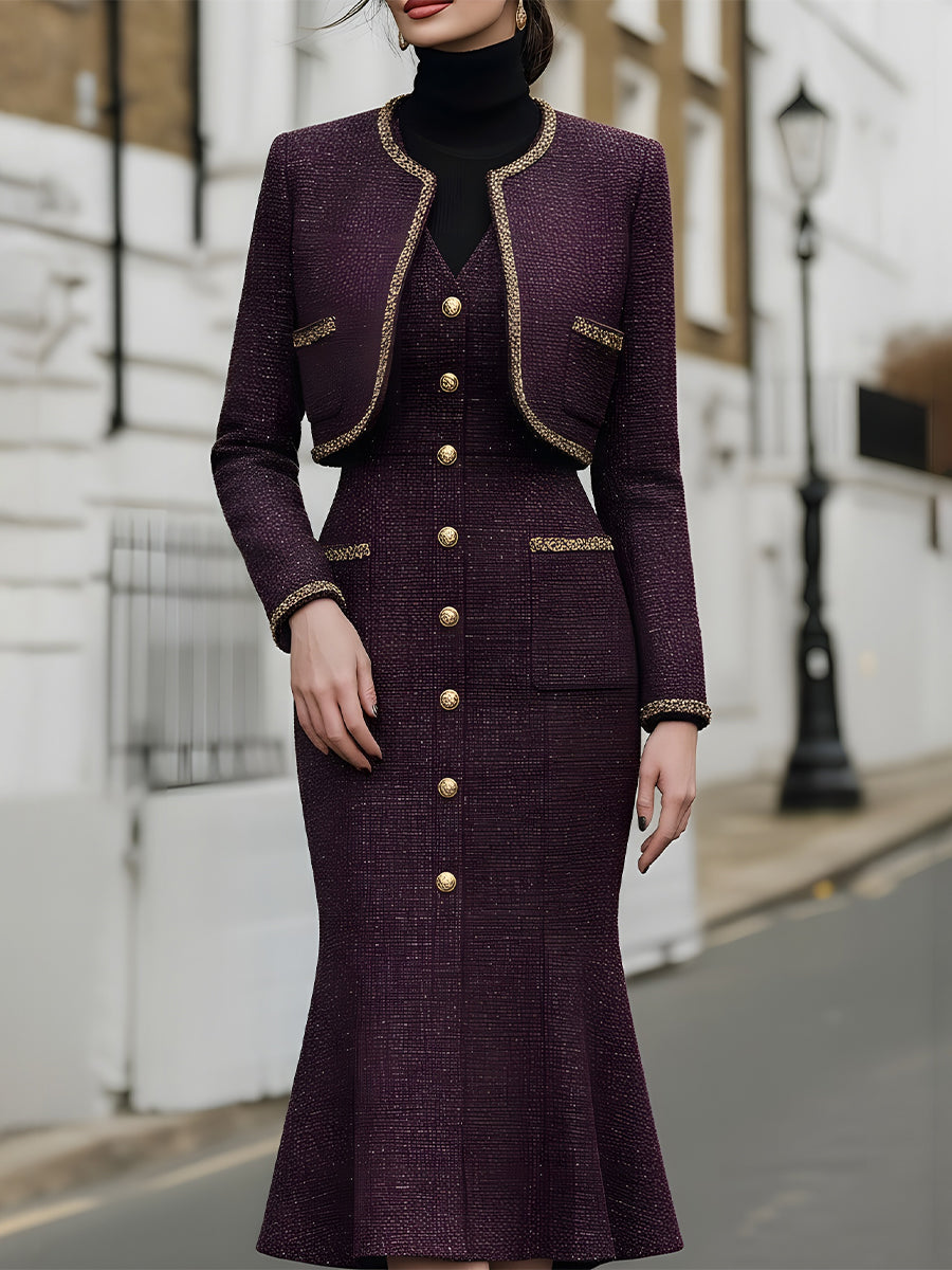 Tweed Jacket And Sleeveless Dress Set With Gold Button Accents MollyBoo