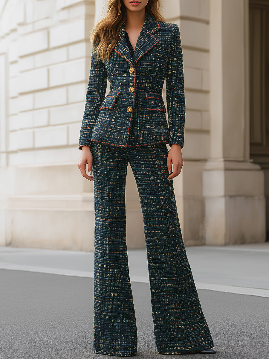 Tweed Pantsuit With Gold Button Details And Contrast Stitching MollyBoo