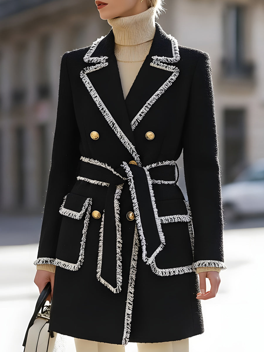Tweed Double-Breasted Coat With Contrast Fringe Trim MollyBoo