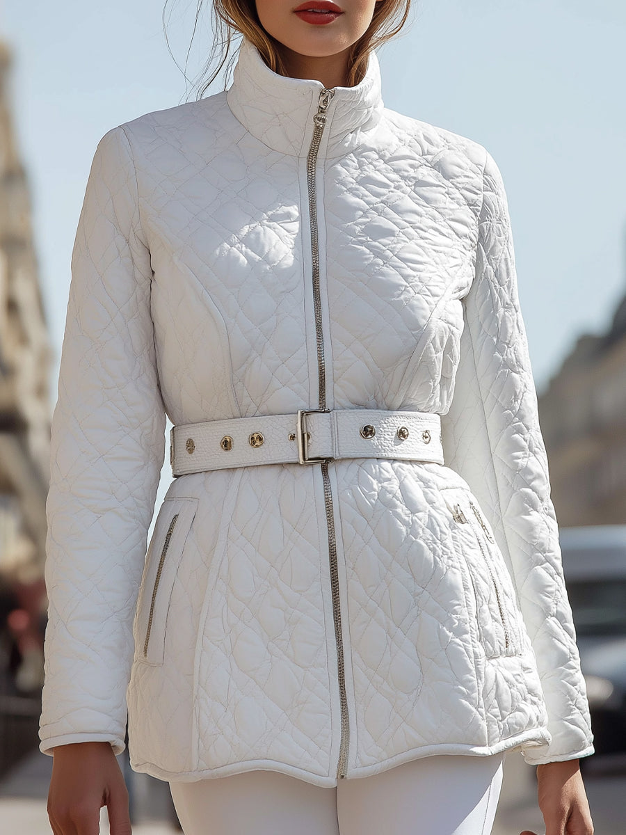 White Quilted Belted Jacket With High Collar MollyBoo