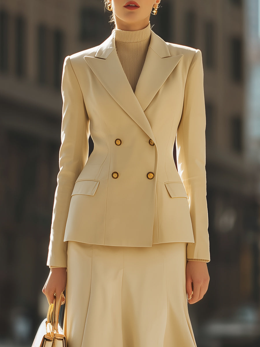 Elegant Beige Double - Breasted Blazer And Midi Skirt Set MollyBoo