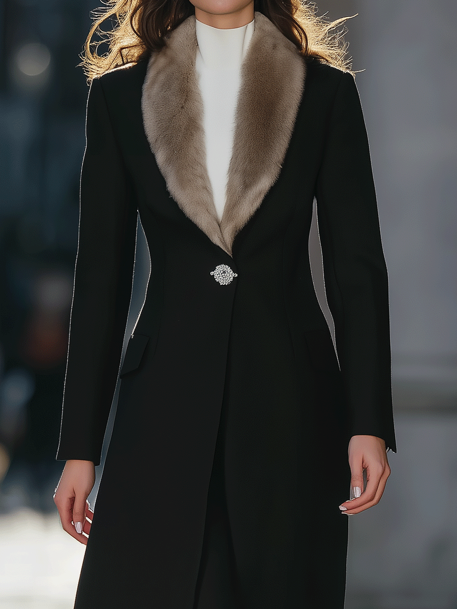 Black Longline Coat With Faux Fur Shawl Collar And Crystal Brooch Closure MollyBoo