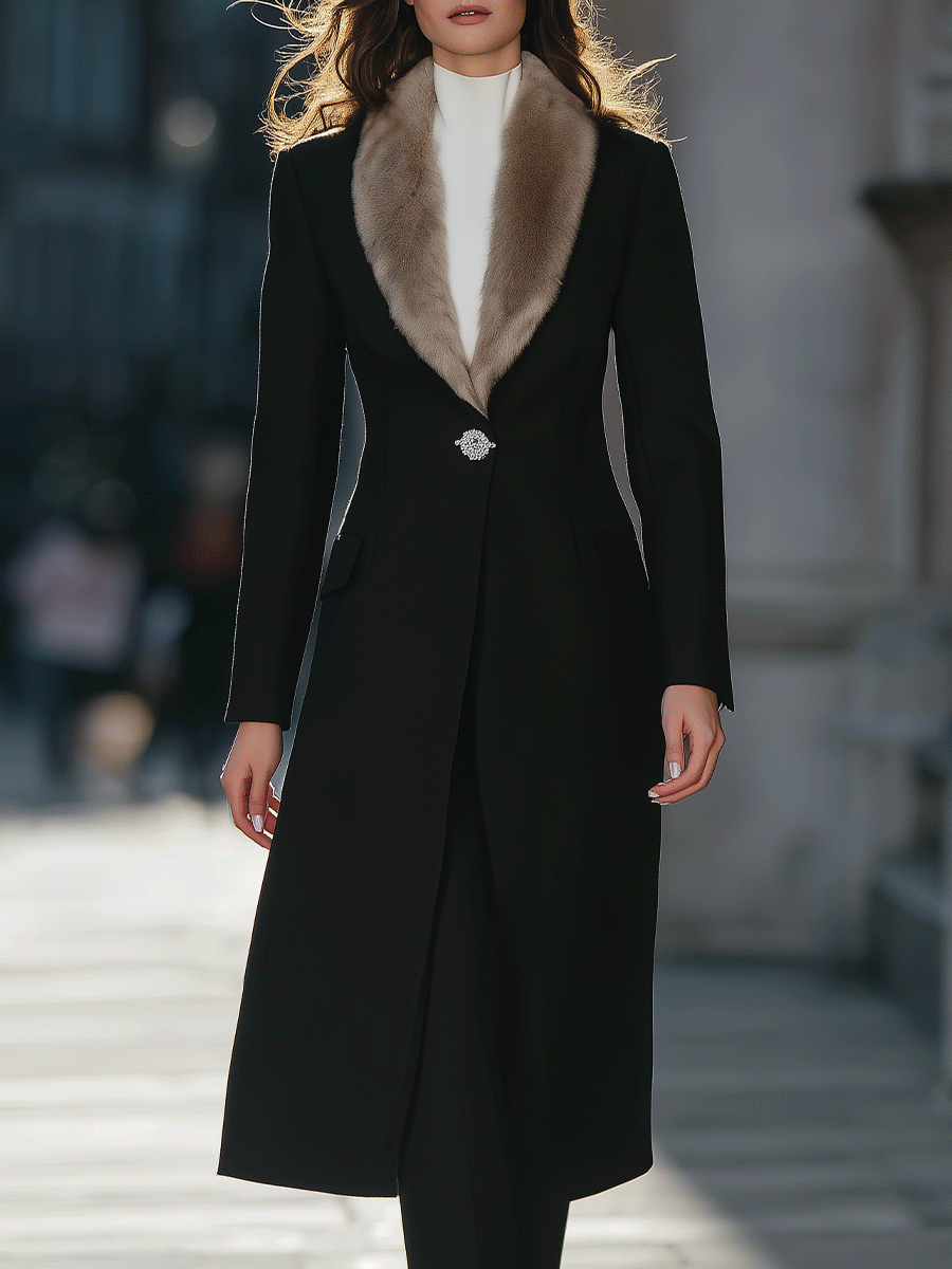 Black Longline Coat With Faux Fur Shawl Collar And Crystal Brooch Closure MollyBoo