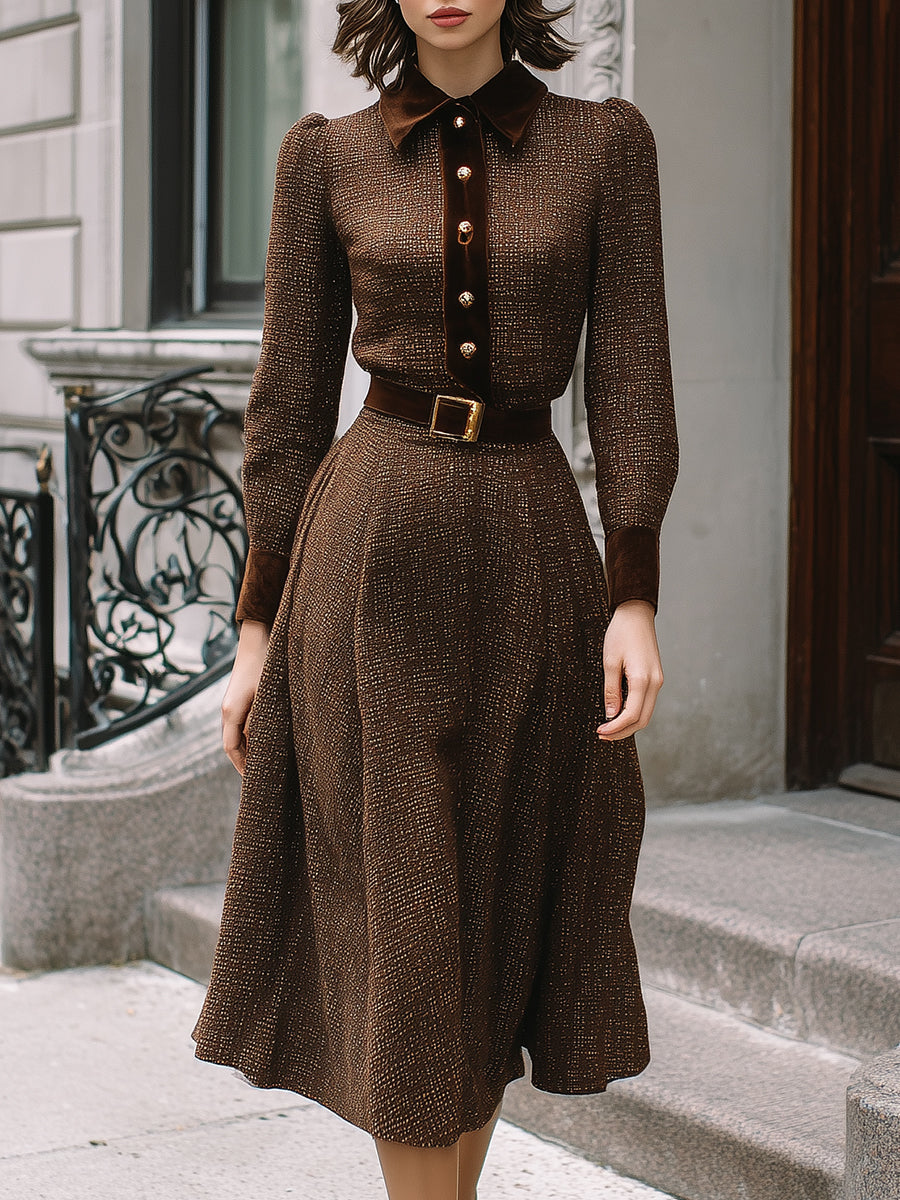Chocolate Brown Belted Midi Dress With Velvet Accents MollyBoo
