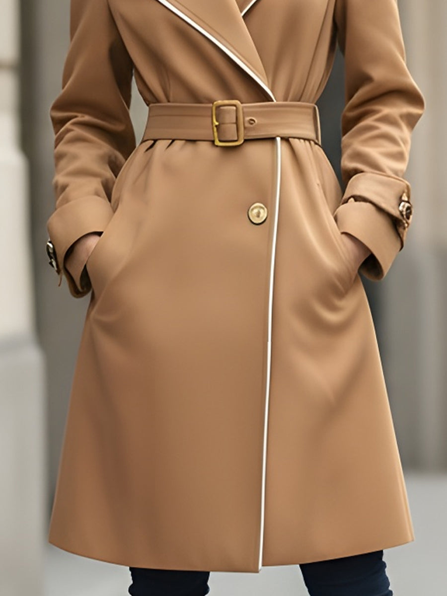 Camel Belted Trench Coat With White Piping Details MollyBoo