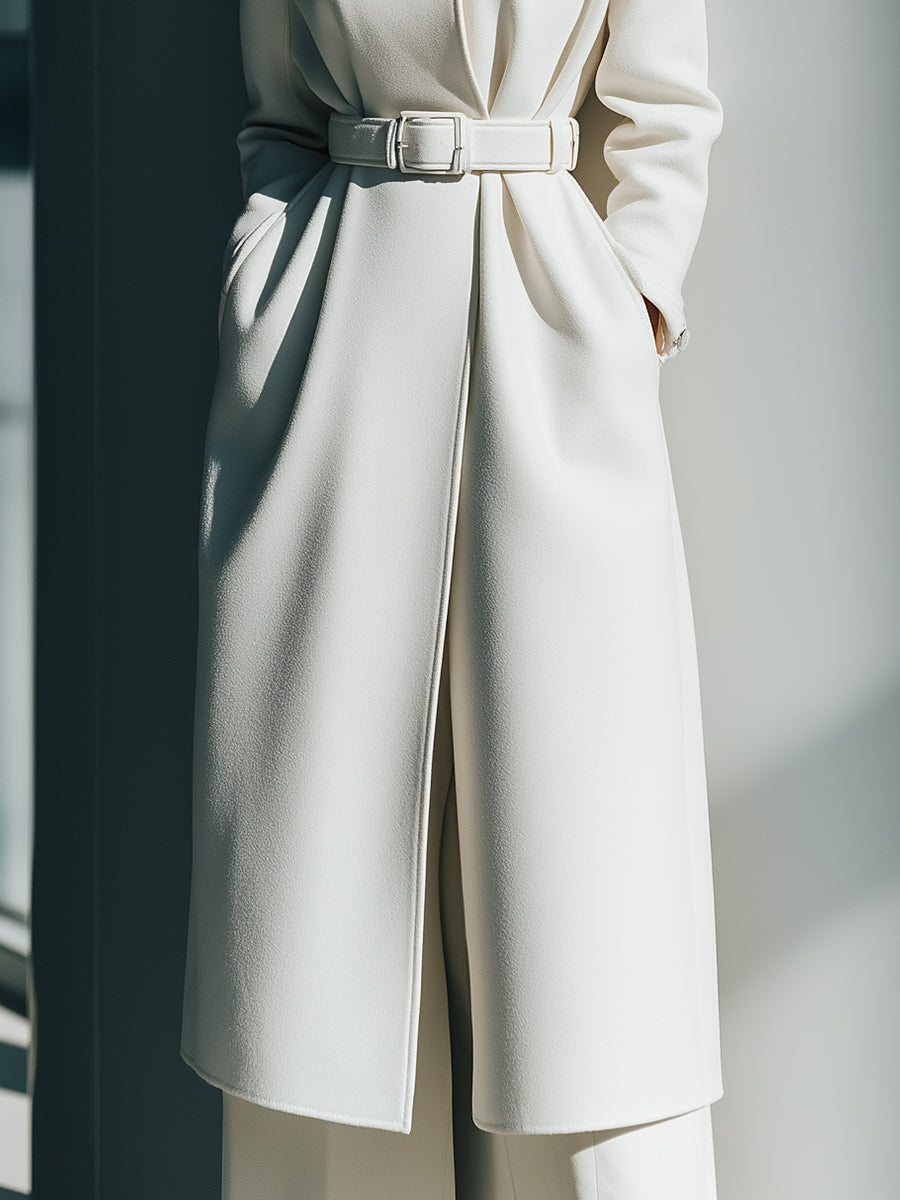 White Belted Minimalist Wool Coat MollyBoo