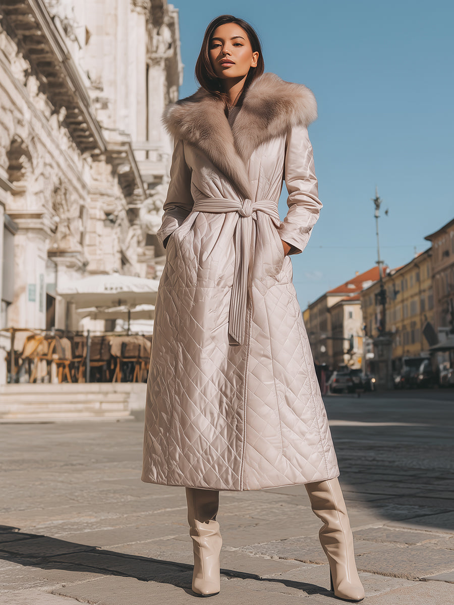 Cream Quilted Coat With Faux Fur Collar And Tie Belt MollyBoo
