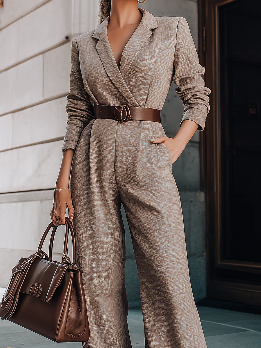 Taupe Belted Blazer Jumpsuit With Wide-Leg Silhouette MollyBoo