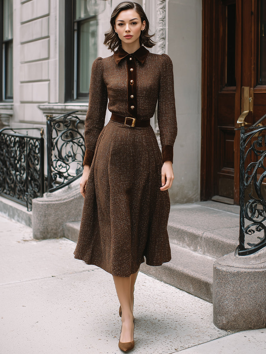 Chocolate Brown Belted Midi Dress With Velvet Accents MollyBoo