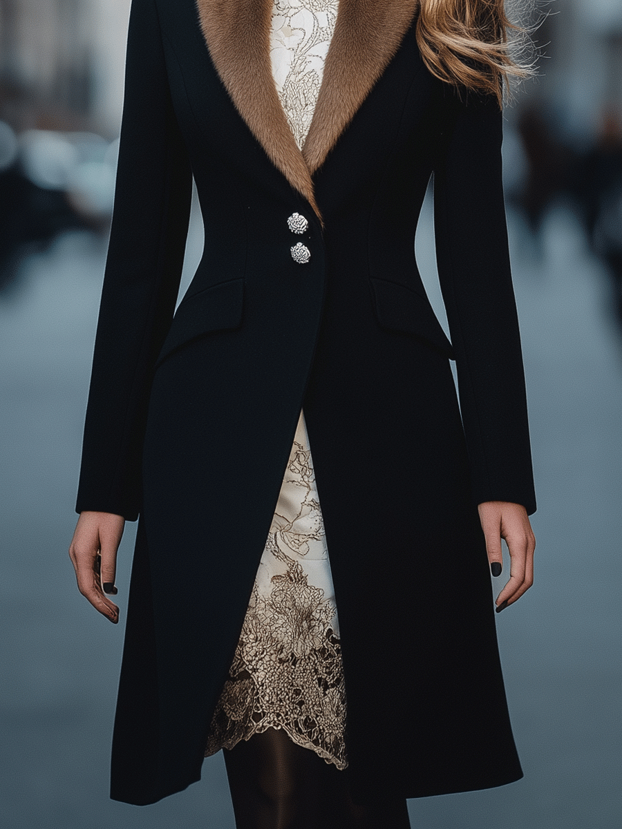 Black Longline Coat With Faux Fur Collar And Crystal Button Accents MollyBoo
