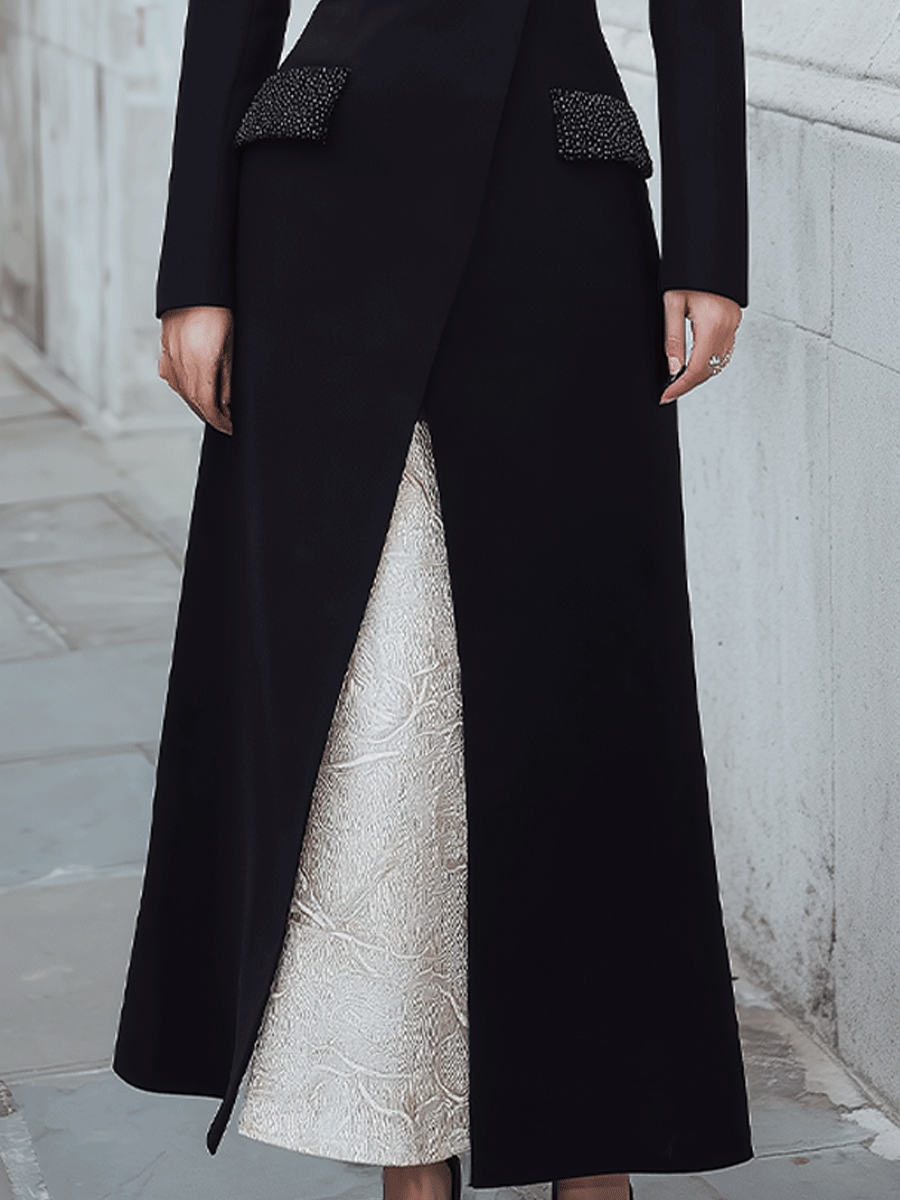 Black Longline Blazer Dress With Embellished Pockets And Contrast Underdress MollyBoo