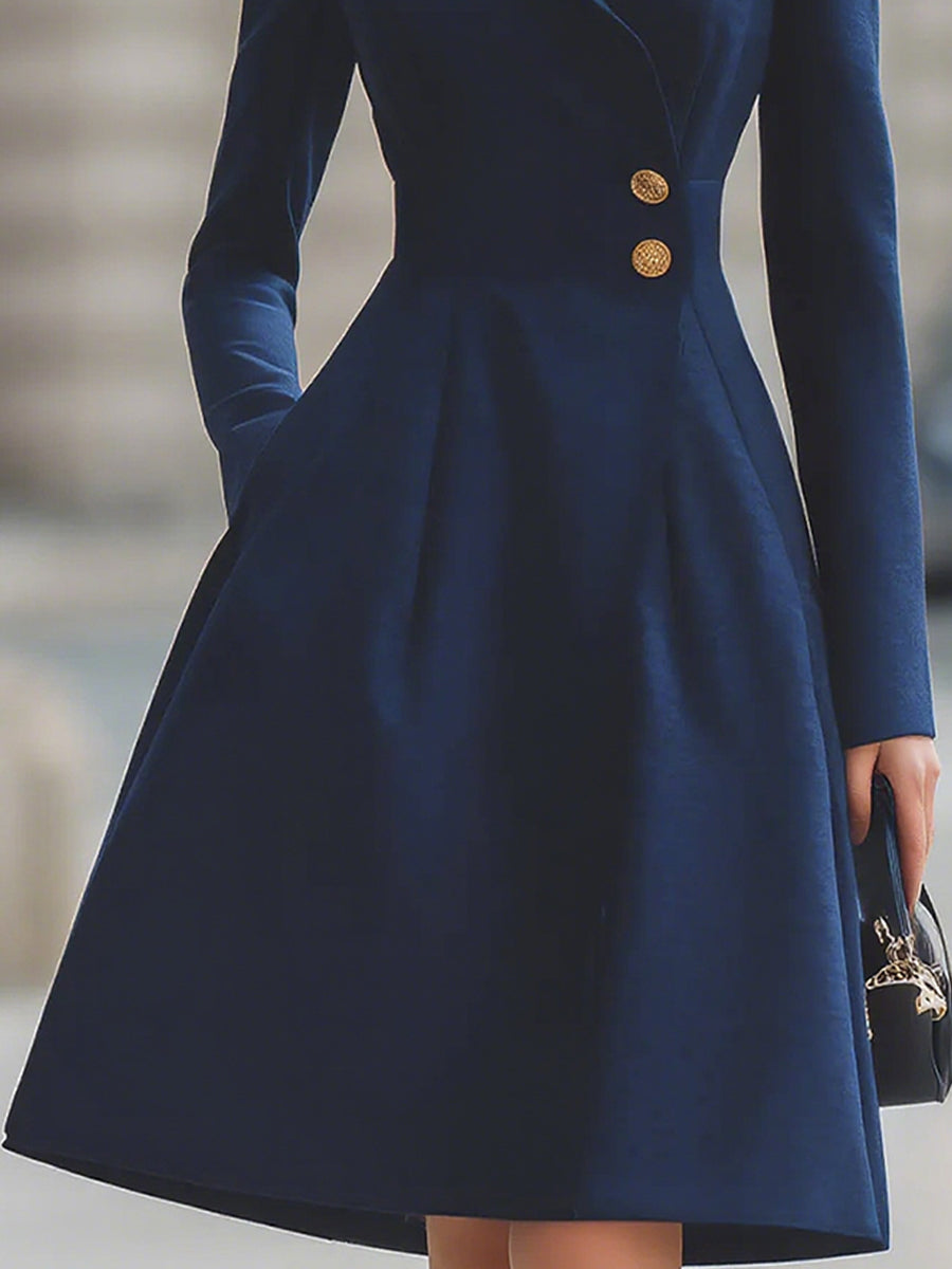 Elegant Navy Blue Tailored Fit Flared Coat Dress MollyBoo