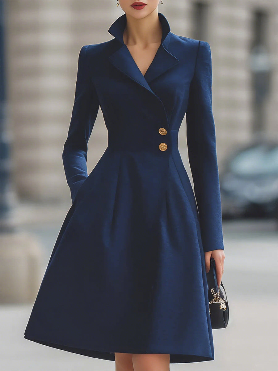 Elegant Navy Blue Tailored Fit Flared Coat Dress MollyBoo