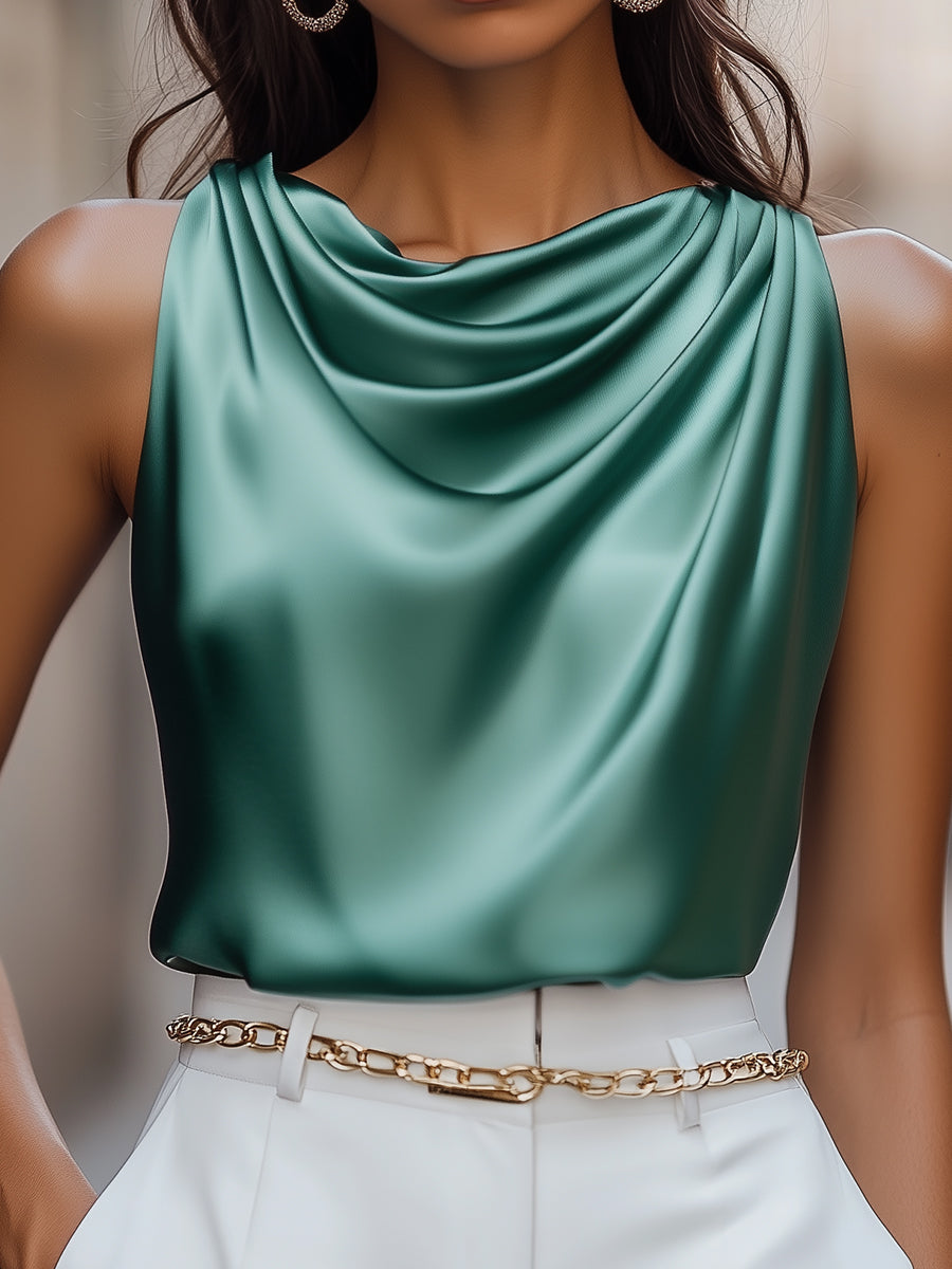 Teal Satin Drape Neck Blouse MollyBoo