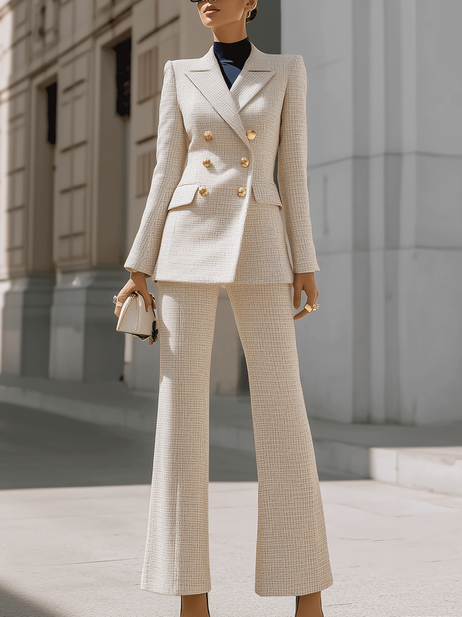 Beige Double-Breasted Tweed Pantsuit With Gold Buttons MollyBoo
