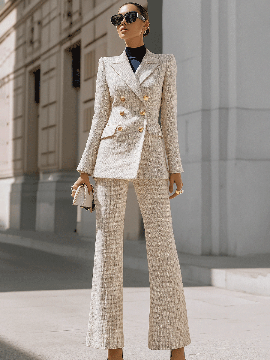Beige Double-Breasted Tweed Pantsuit With Gold Buttons MollyBoo