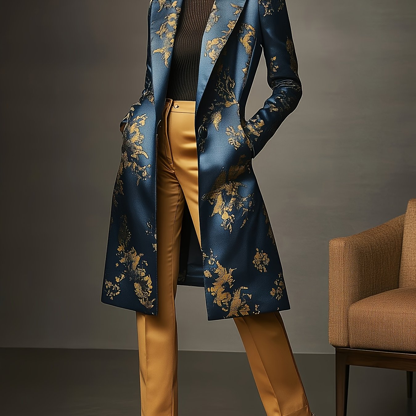 Casaco elegante azul e dourado floral para mulheres - Vestuário exterior formal e de luxo para todos os dias, jaqueta comprida até ao joelho com fecho de botão único, roupa feminina sofisticada para todas as estações para festas, escritório MollyBoo
