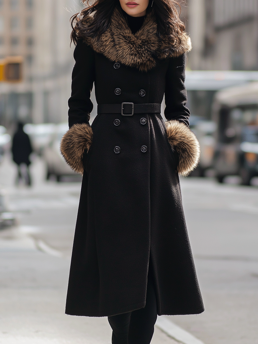 Black Double-Breasted Coat With Faux Fur Collar And Cuffs MollyBoo