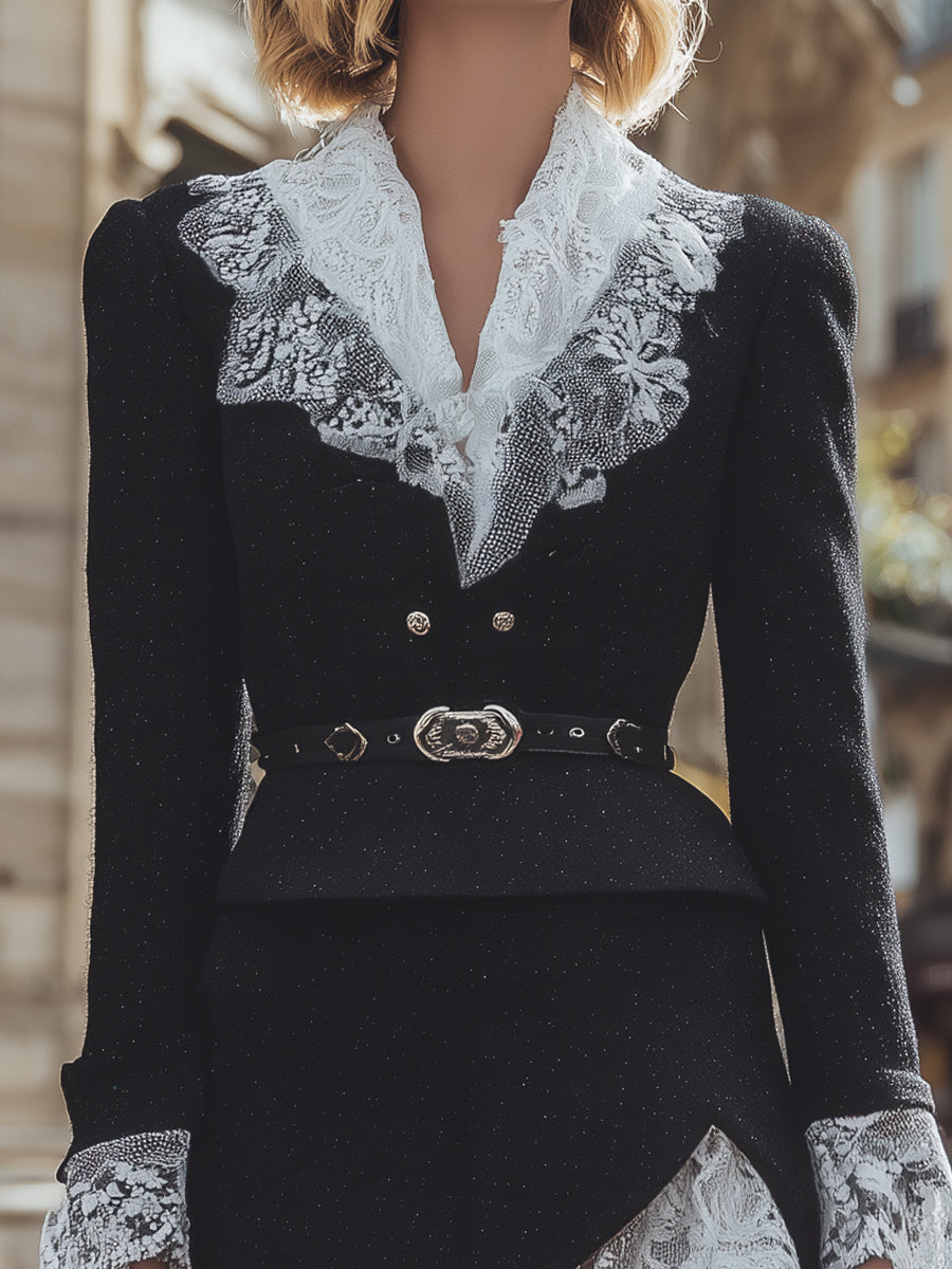 Black Lace-Trimmed Tweed Mini Skirt Suit With Belted Waist MollyBoo