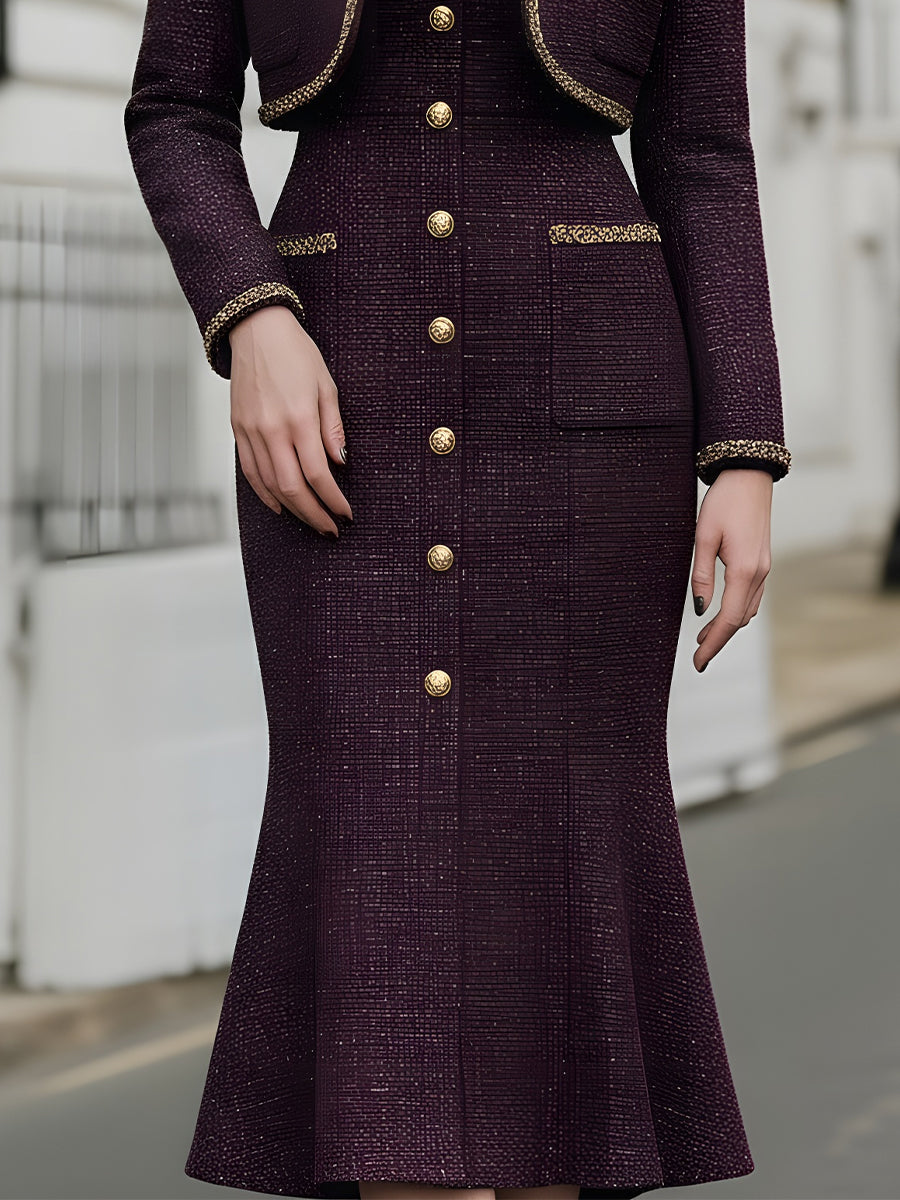 Tweed Jacket And Sleeveless Dress Set With Gold Button Accents MollyBoo
