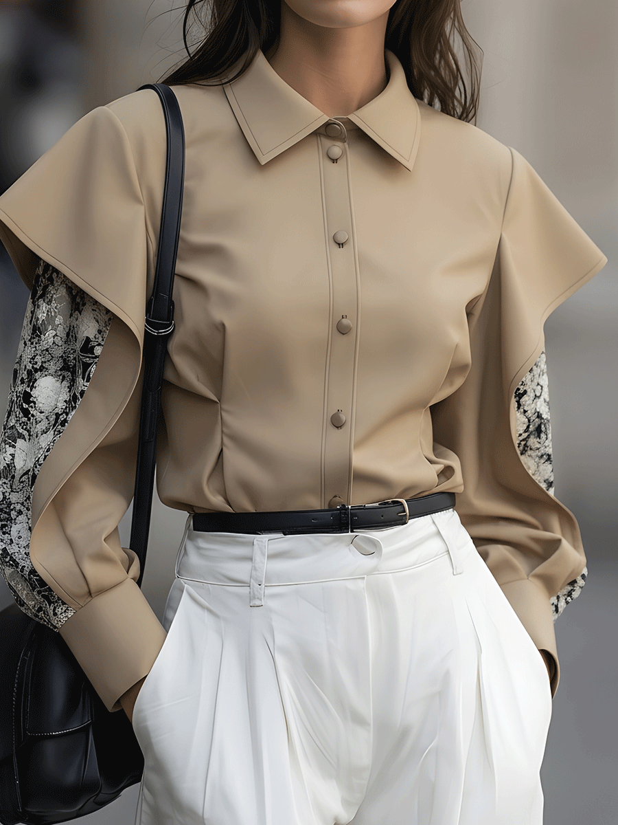Taupe Button-Down Blouse With Draped Overlay Sleeves And Floral Contrast MollyBoo