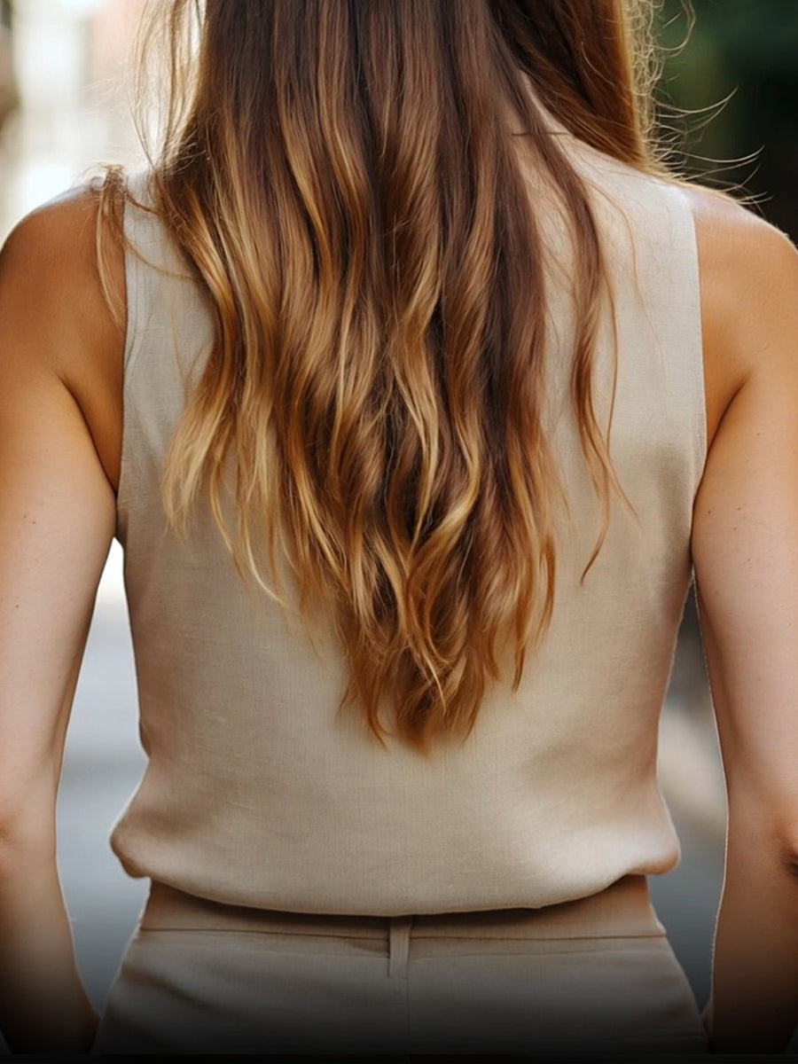 Minimalist High-Collar Sleeveless Linen Blouse MollyBoo