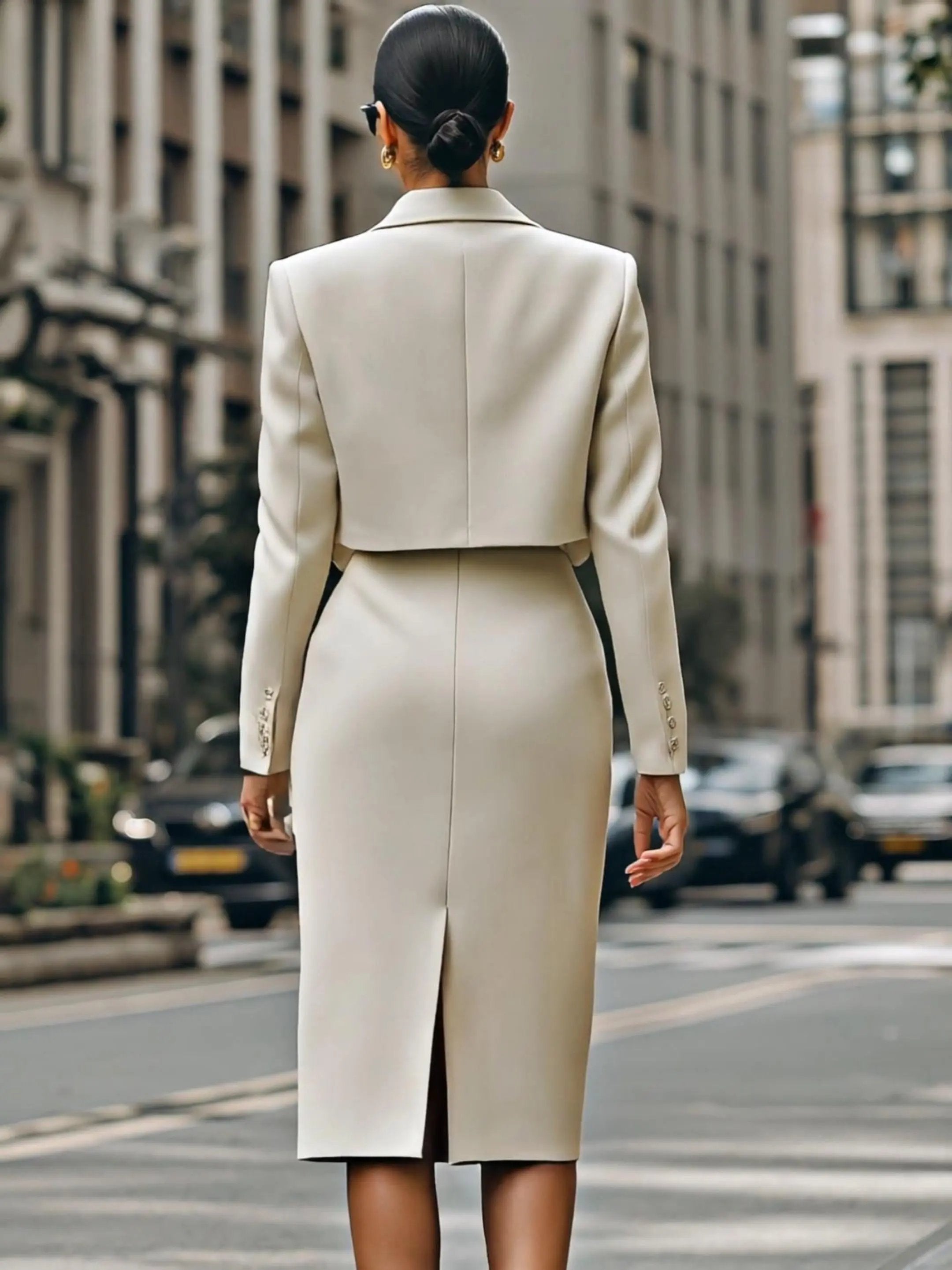Cream Cropped Blazer And High-Waisted Pencil Skirt Set With Belt MollyBoo