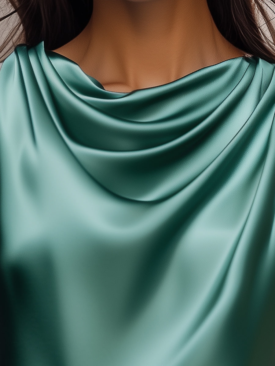 Teal Satin Drape Neck Blouse MollyBoo