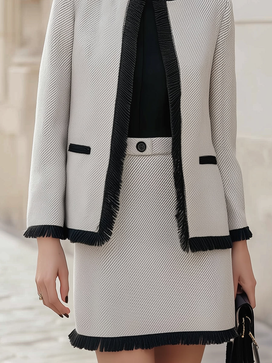 Tweed Skirt Suit With Black Fringe Trim MollyBoo
