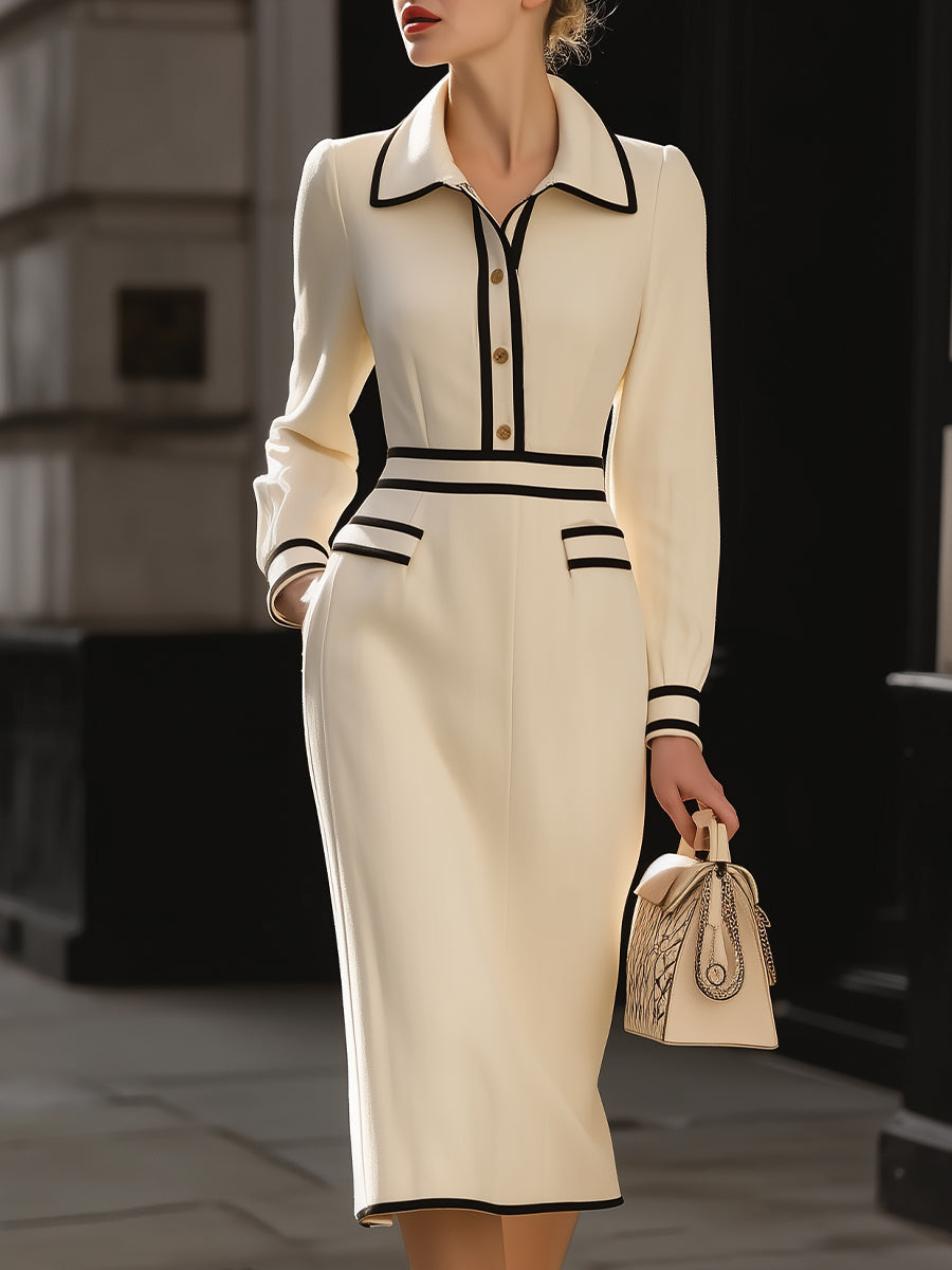 Classic Contrast-Trim Midi Dress With Button Detail MollyBoo