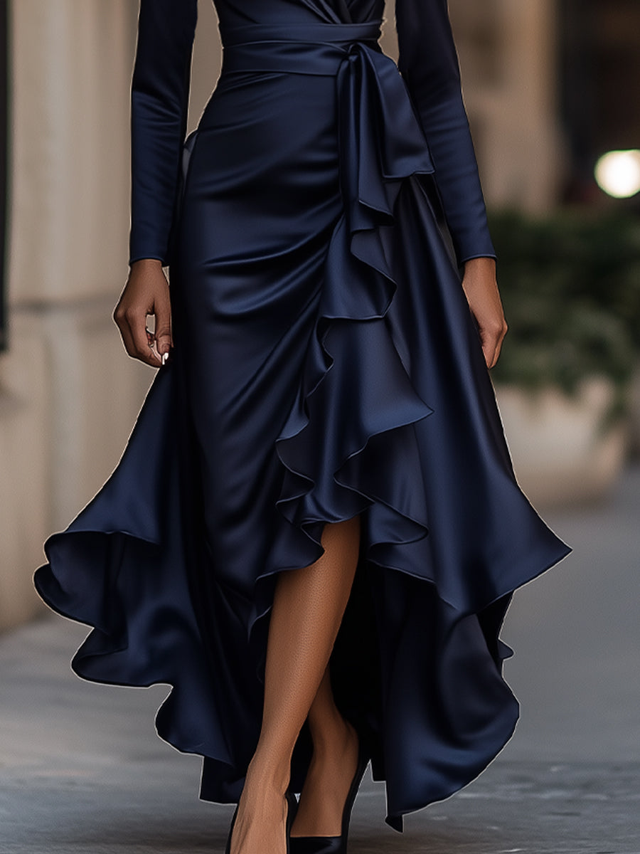 Midnight Blue Draped Satin Maxi Dress With Ruffle Details MollyBoo