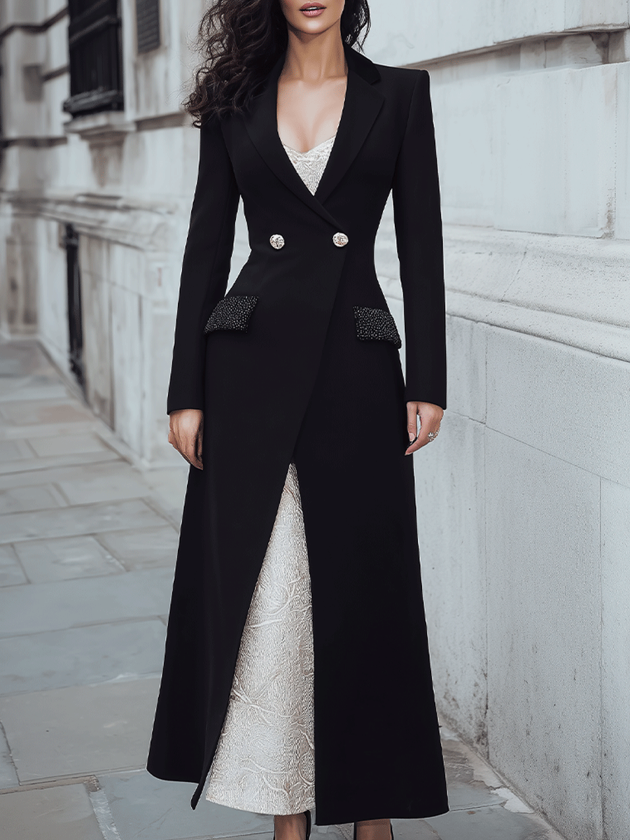 Black Longline Blazer Dress With Embellished Pockets And Contrast Underdress MollyBoo