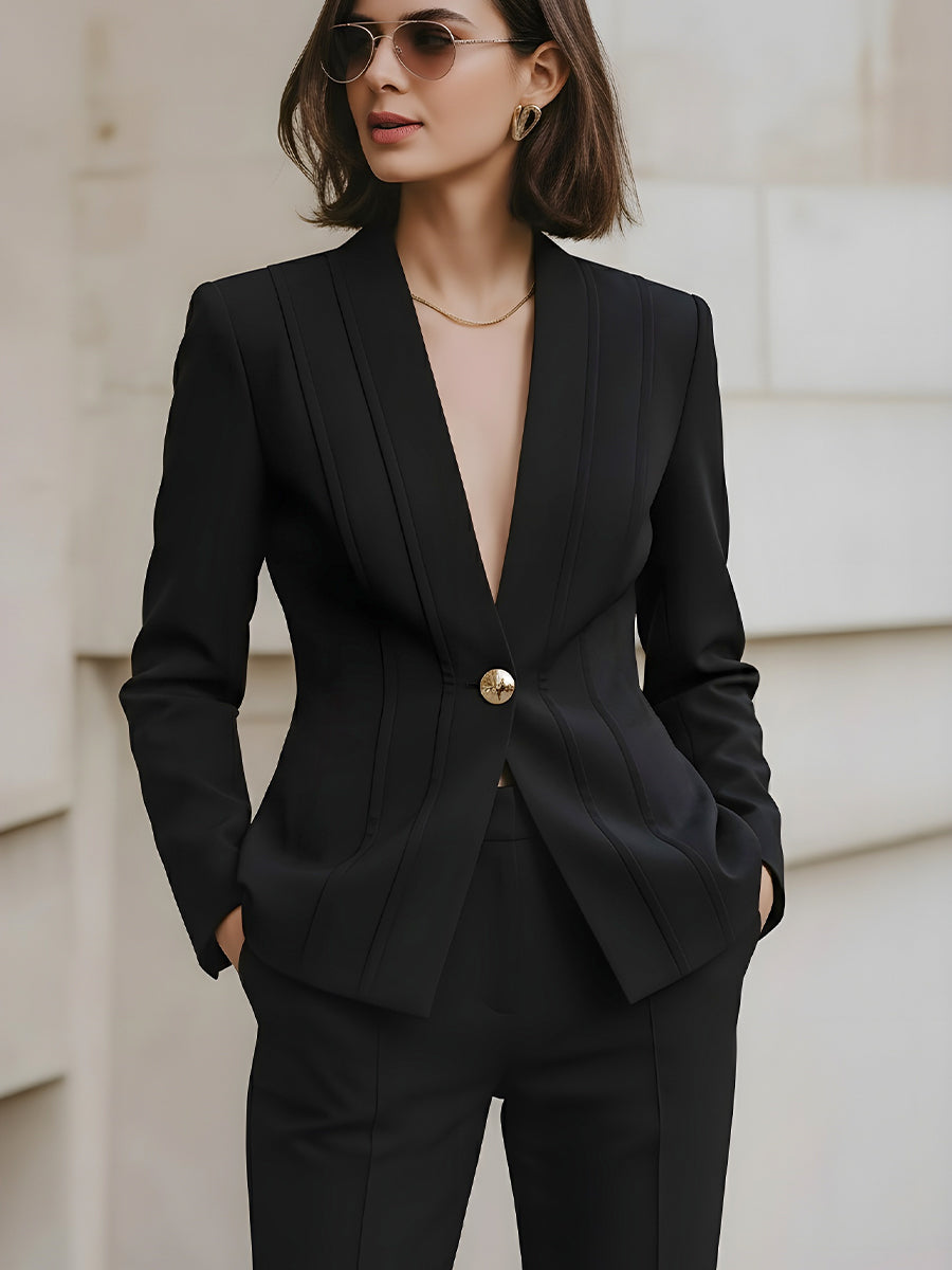 Deep Plunge Neckline Blazer With Statement Gold Button MollyBoo
