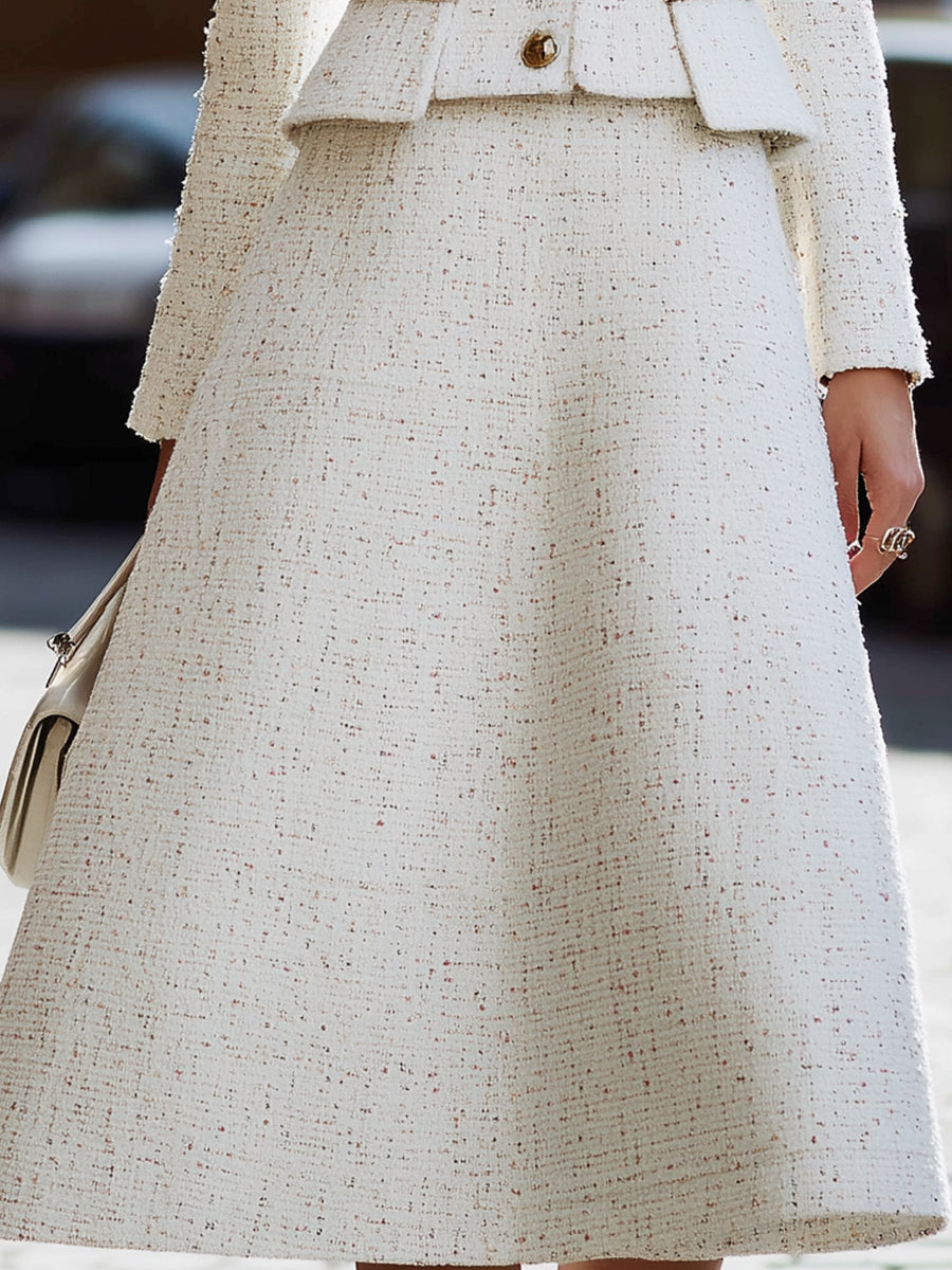 White Tweed Square-Neck Jacket & A-Line Skirt Set MollyBoo