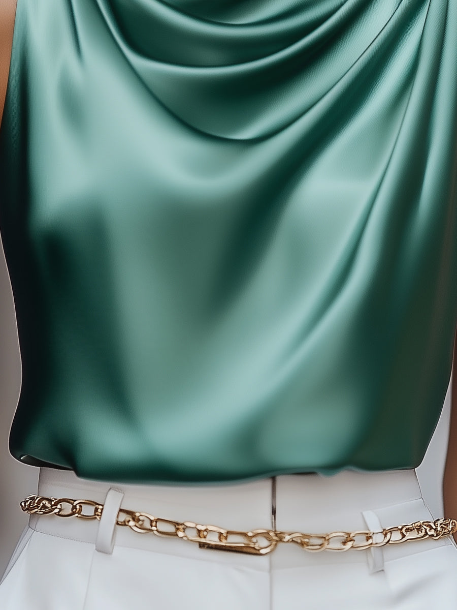 Teal Satin Drape Neck Blouse MollyBoo